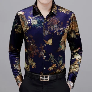Новая осенне-зимняя мужская Вельветовая одежда с золотыми цветами, повседневная мужская Вельветовая рубашка с длинным рукавом и цветочным принтом