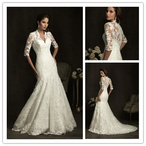 cheap-2014 Popolar Fashion A-line V-neck Slim Throughout Lace &amp Appliques Half Sleeves Sheer Covered Back Elegant Weddi | Свадьбы и