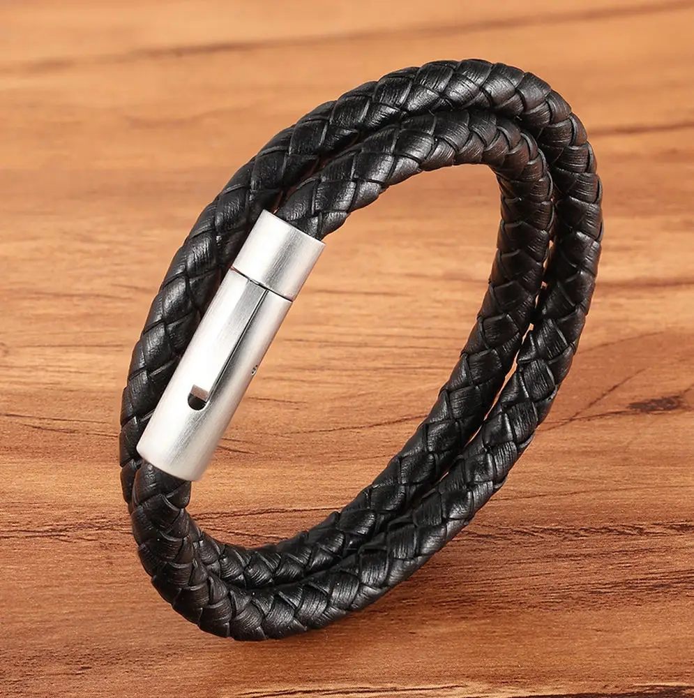 Black with Steel Идеальный дизайн, двойной слой, винтажная стальная пряжка, Геометрическая оплетка, 6 мм, браслет из натуральной кожи для мужчин и женщин, модный подарок на день рождения - Окраска металла: Black with Steel