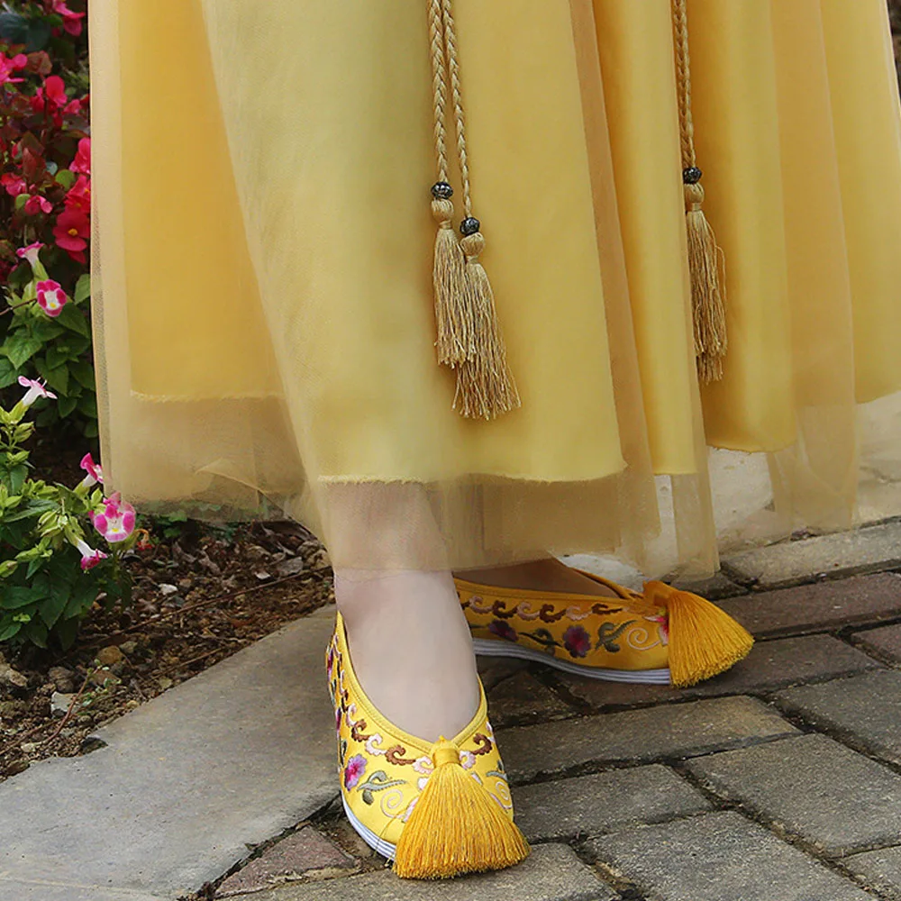 Women Flats Bride Shoes Chinese National Wedding Yellow Satin Dragon Phoenix Embroidered Tassel Breathable Single Ballet Woman