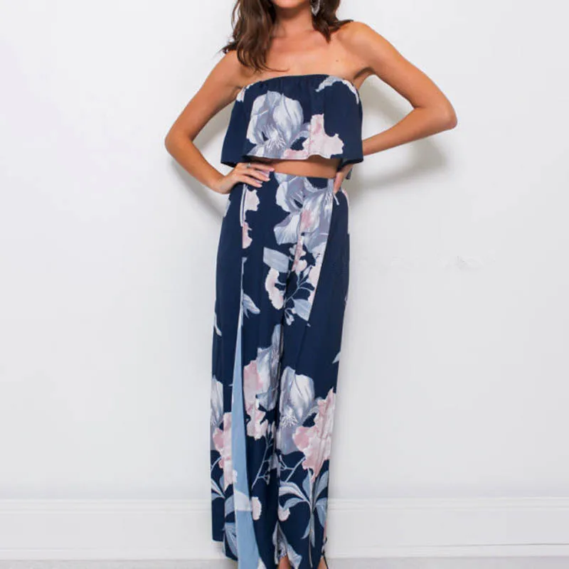 Женский шифоновый комбинезон с цветочным принтом топ открытыми плечами и брюки