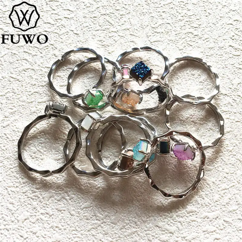 FUWO квадратное кольцо Aura Druzy с 24K золотым наполнением, минималистичный дизайн, необработанные кольца Druzy для женщин, регулируемый размер RG017