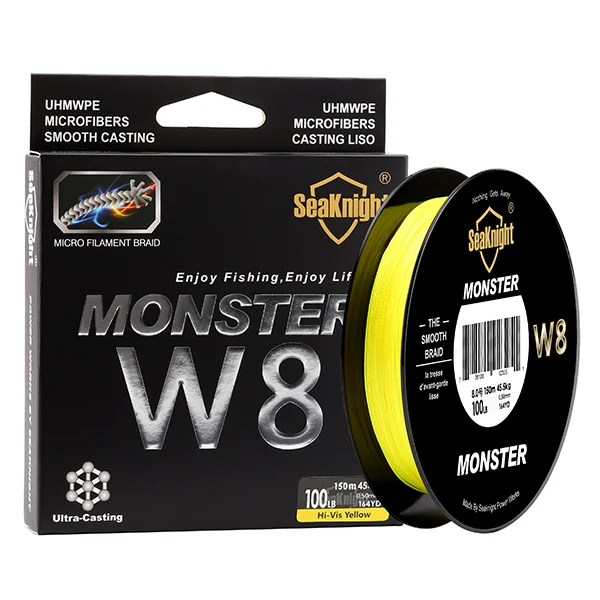 Hi vis yellow SeaKnight MONSTER W8 леска 150 м плетеная 8 нитей гладкая леска PE мультифиламентная широкоугольная технология плетеная 20-100 фунтов - Цвет: Hi vis yellow