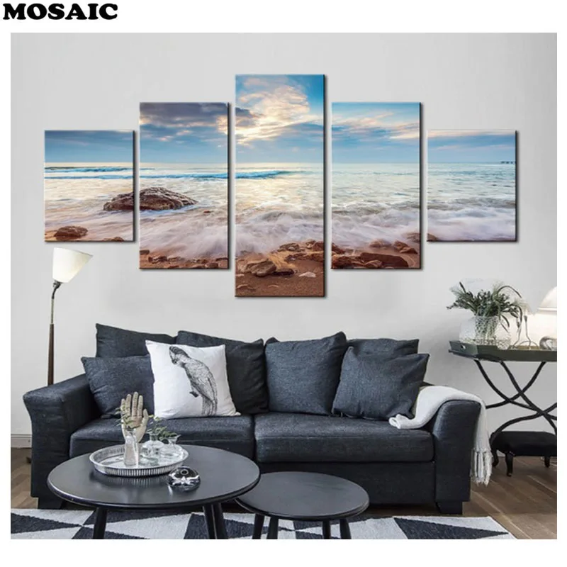 

Large diy Diamond Painting,3d Cross Stitch 5 Pieces Blue Sea Waves Beach Sunrise View,Mosaic Diamond Embroidery Rhinestones arts