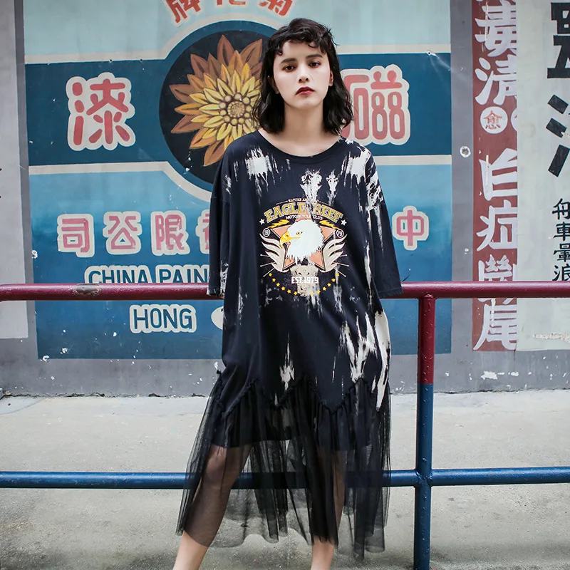 Женское Сетчатое платье QING MO черное большого размера с принтом животных модель