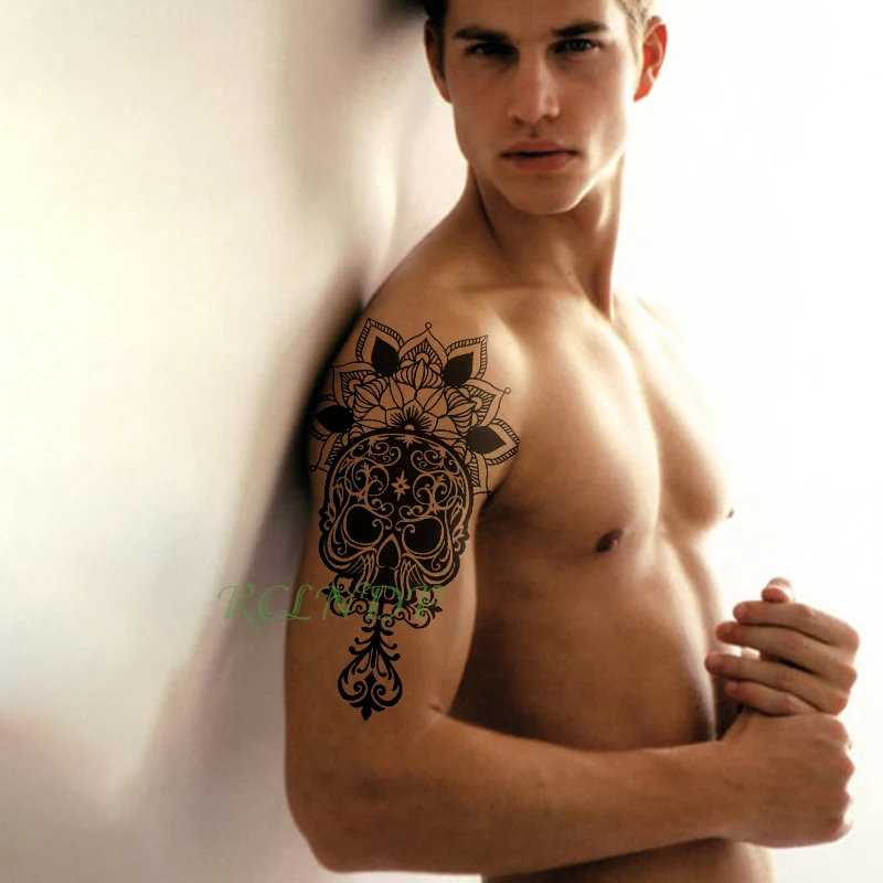 Водонепроницаемая Временная тату-наклейка Мандала Тотем лотоса голова черепа