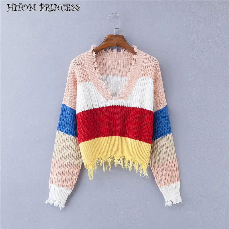 Женский свитер в радужную полоску HITOM Осенний вязаный пуловер с глубоким