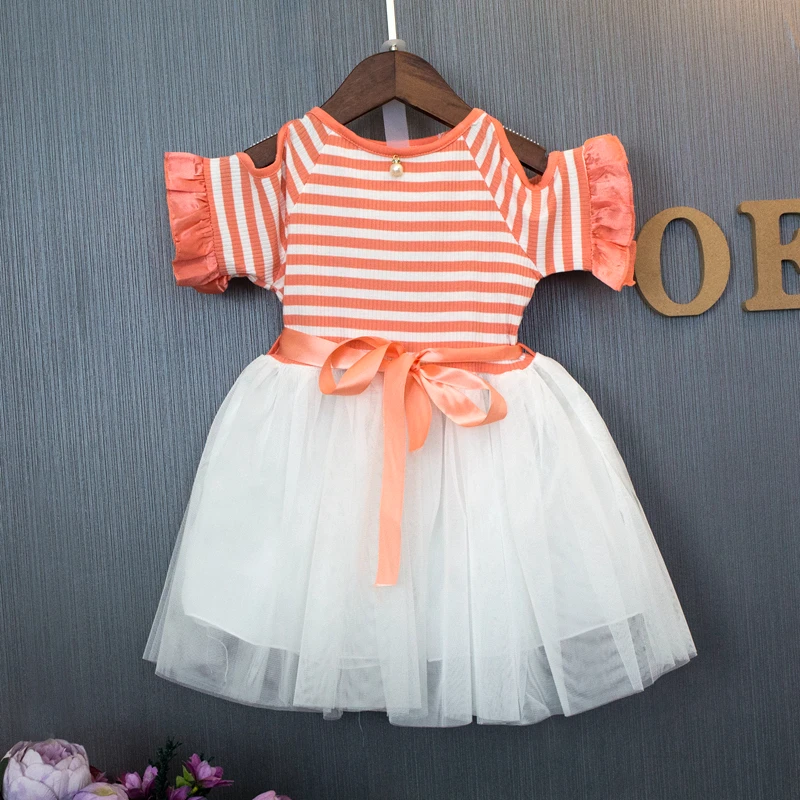 Для маленьких девочек Новинка 2017 года оранжевый Полосатое платье-пачка Лепесток