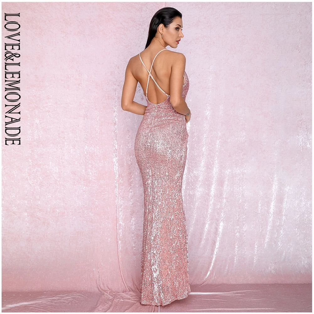 Женское вечернее платье LOVE & LEMONADE розовое золотистое Платье макси с открытой