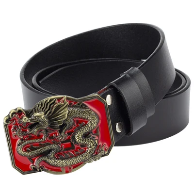 Red buckle Black Модный мужской ремень с рисунком дракона из натуральной кожи с пряжкой в виде дракона, мужской пояс из воловьей кожи - Цвет: Red buckle Black