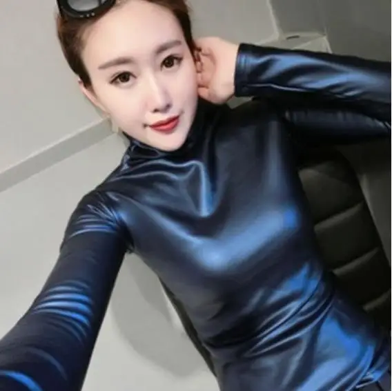 2020 RopaVintage Autumn Women PU Leather Tops Shirts turtleneck Long Sleeve slim Vintage blouse plus siz 4XL LM78 | Женская одежда