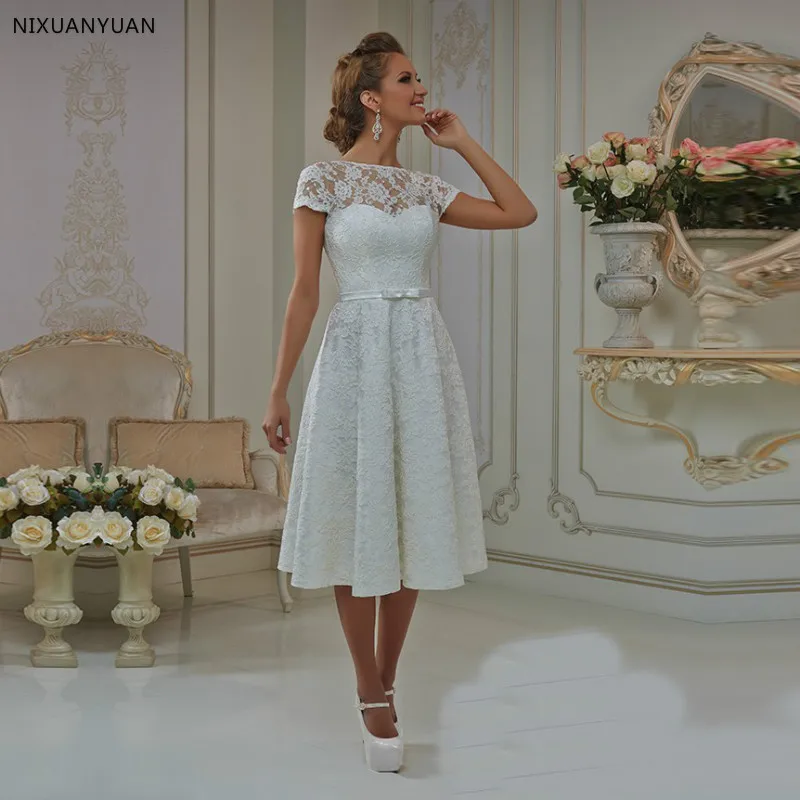 Vestidos Casamento Короткое свадебное платье с рукавами-крылышками трапециевидной формы длиной до середины икры с бантом и поясом кружевное платье De Mariee Ретро женское платье