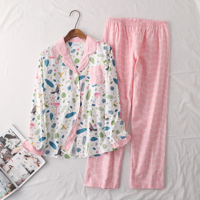 Тканые хлопковые пижамы женские s с длинными рукавами Pijama Mujer с отложным воротником пижамы женские пижамы с рисунком Домашняя одежда для сна - Цвет: Розовый