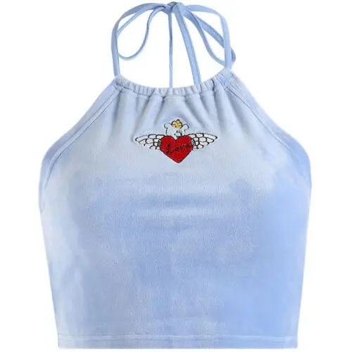 Женский укороченный топ без рукавов синий бархатный с открытой спиной и лямкой