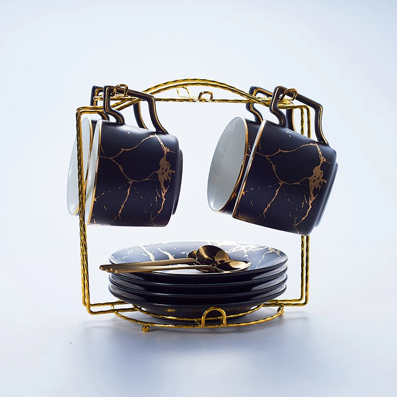 Black 4Cups n Holder Мрамор Керамика Кофе чашка с блюдцем ложка 200 мл Nordic Чай чашки Матовый фарфор Чай расширенный набор Чай чашка кафе эспрессо чашка - Цвет: Black 4Cups n Holder
