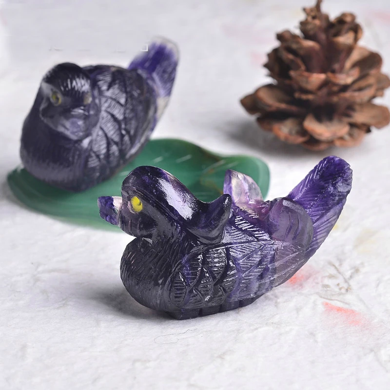 

1 Pair Carved Natural Purple Quartz Mandarin Duck on Aventurine Leaf Figurine A430 Natural Stones and Minerals