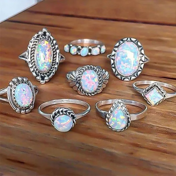 8 шт./компл. набор колец с бирюзовым опалом кольцо натуральным драгоценным камнем