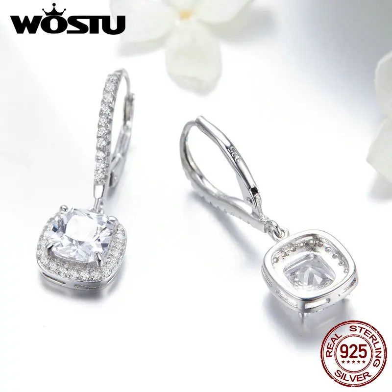 WOSTU Настоящее серебро 925 пробы модные квадратные серьги капли с прозрачными