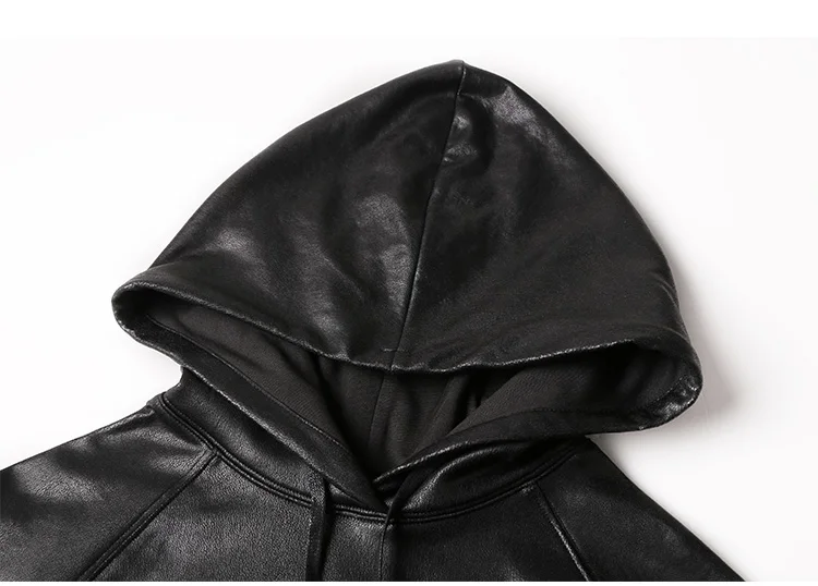 Мужская толстовка F0014 черная эластичная кожаная с капюшоном на осень и зиму|black