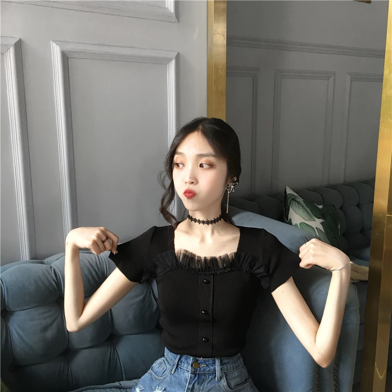 Летние Для женщин топы оборками сетки шить трикотажные с короткими рукавами