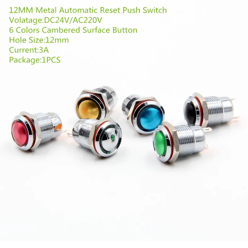 

1PCS YT1775 Hole Size 12mm Metal Automatic Reset Push Switch DC24V/AC220V 6 Colors Cambered Surface Button Waterproof