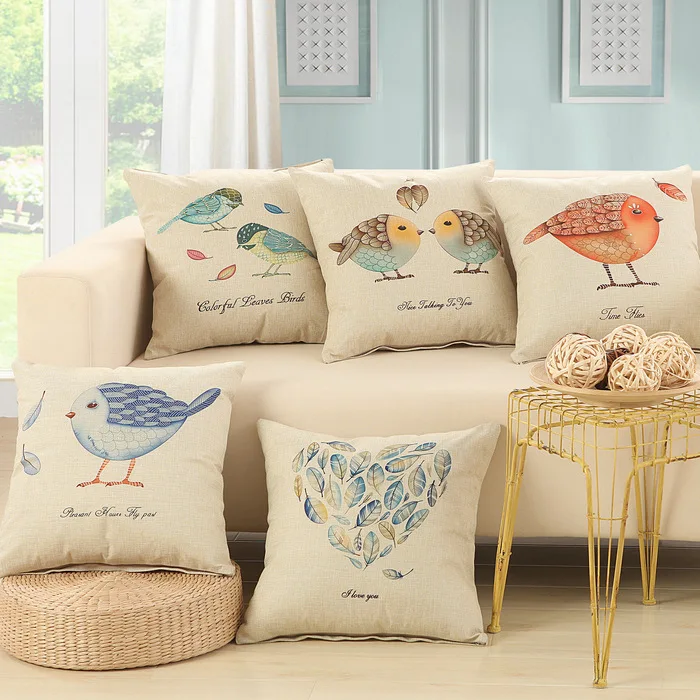 Подушка для дивана из хлопка и льна С Рисунком Птиц сердец 45x4 5 см/17 7x17 7 дюйма|sofa