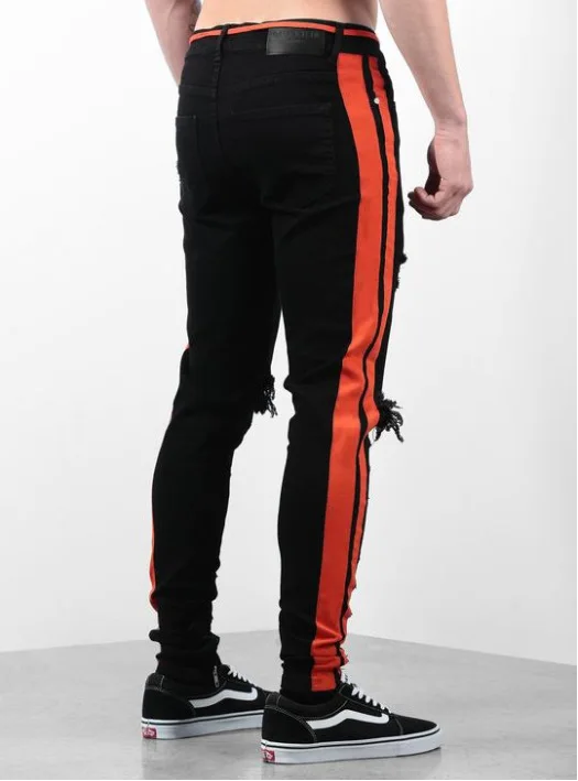 Moda Masculina Pantalones Vaqueros Hombre Kot Pantolon Foot Zipper Ripped Jeans for Men Red Webbing Black Men Jeans Pants Denim
