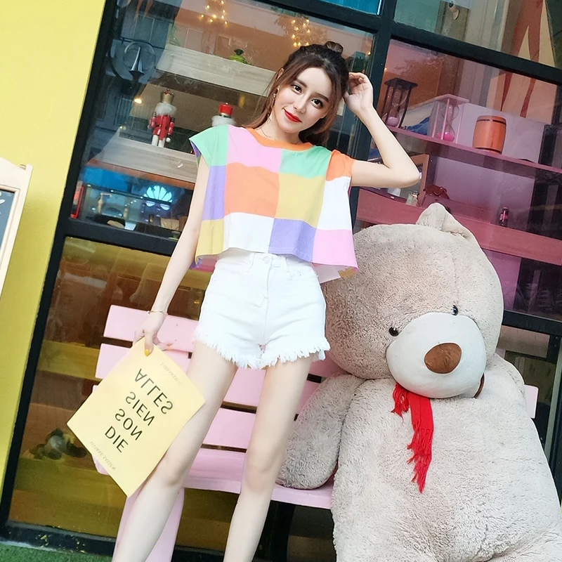 Повседневный Женский костюм в полоску свободный с круглым вырезом и радужной