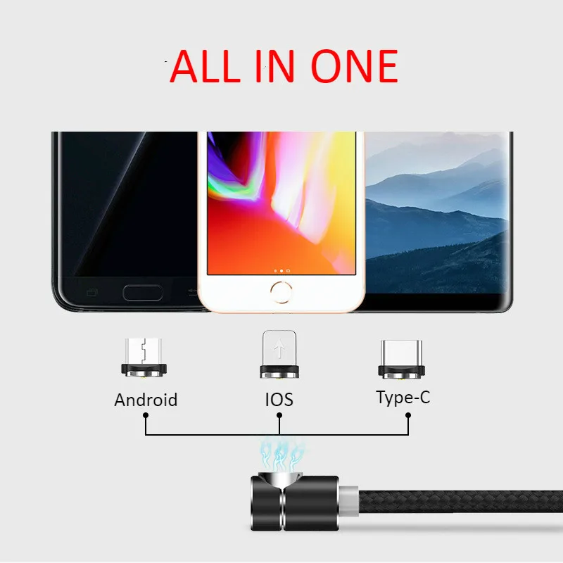 Магнитный usb кабель 90 градусов Micro USB type c для быстрой зарядки 1 м 2 кабели планшетов