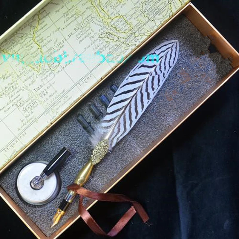 Lophura Nycthemera Quill Feather Fountain Pen Set with Ceraminc Pen Holder 4 Ink Sacs Retro Wedding Signature Gift Pen