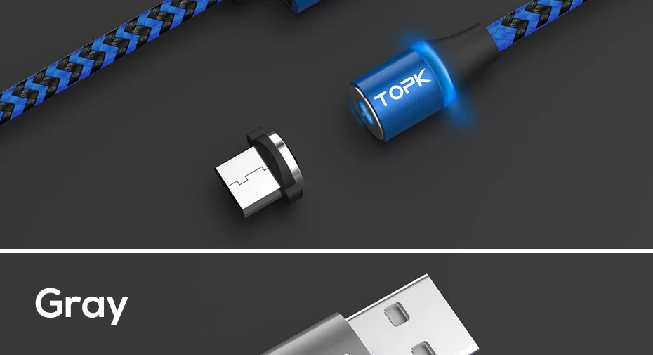 TOPK AM33 Micro USB Магнитный кабель с нейлоновой оплеткой кабели для мобильных телефонов для Micro USB порта Microusb светодиодный магнитный кабель для зарядки