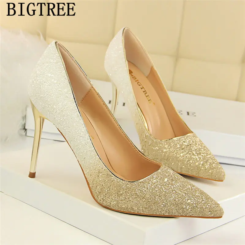 Блестящая обувь с закрытой пяткой Обувь Высокий класса люкс каблуке Свадебные