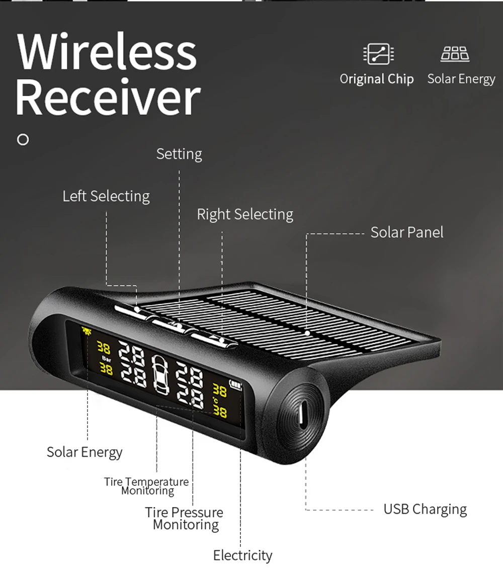 USB или солнечная зарядка автомобиля TPMS система контроля давления в шинах HD цифровой ЖК-дисплей Автосигнализация инструмент беспроводной 4 внешних датчика