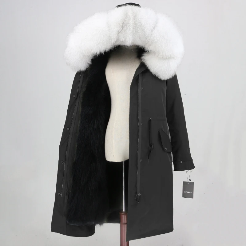 black black white Пальто с натуральным мехом, бренд X-long Parka, водонепроницаемая ткань, верхняя одежда, зимняя куртка для женщин, натуральный Лисий мех, капюшон, подкладка из лисьего меха, отстегивается - Цвет: black black white
