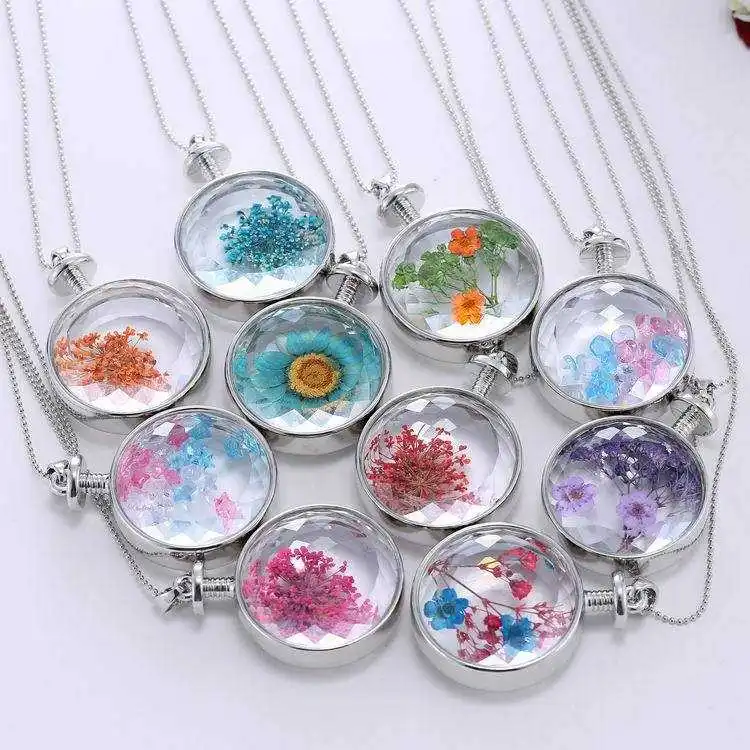 

Top Quality 1 Pcs Silver Plated Dried Flowers Plant Specimen Bottle Glass Charms Pendants Necklace Floating Living Locket