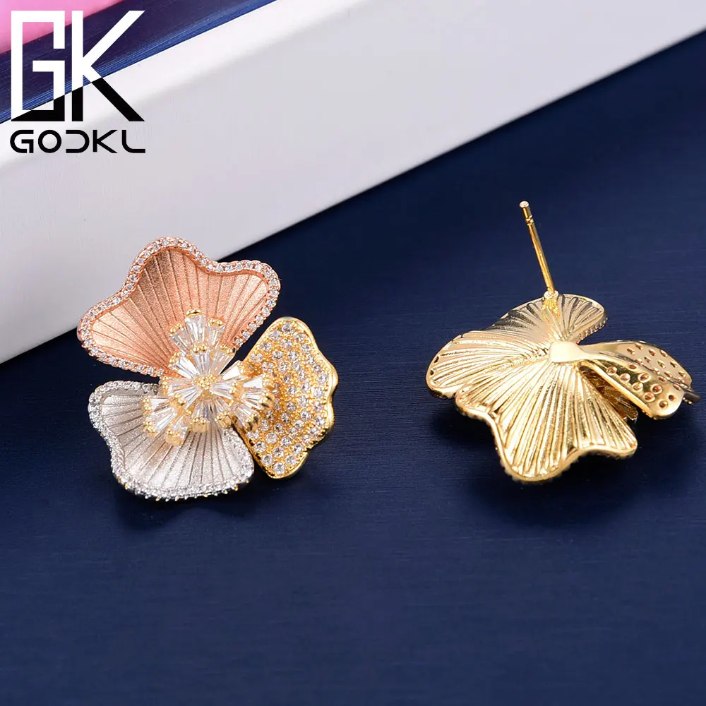 Серьги пусеты GODKI Lucky flossom с кубическим цирконием для женщин трехцветные серьги на