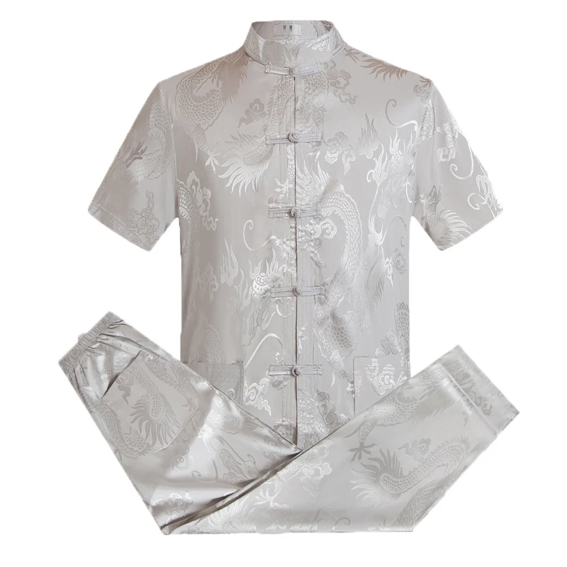 

WAEOLSA/мужские летние комплекты из 2 предметов со штанами, костюм-двойка с китайским драконом, мужская туника, рубашка и брюки, костюм из шелка ...