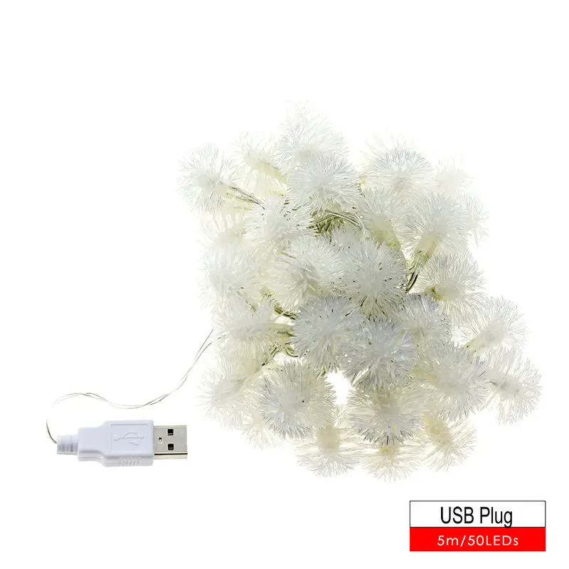 USB 5M 50LEDs Пушистый шар светодиодный гирлянды AC 220 V/батарейный блок/USB 5 V новогодние гирлянды рождественские для наружной и внутренней подсветки декоративный - Испускаемый цвет: USB 5M 50LEDs