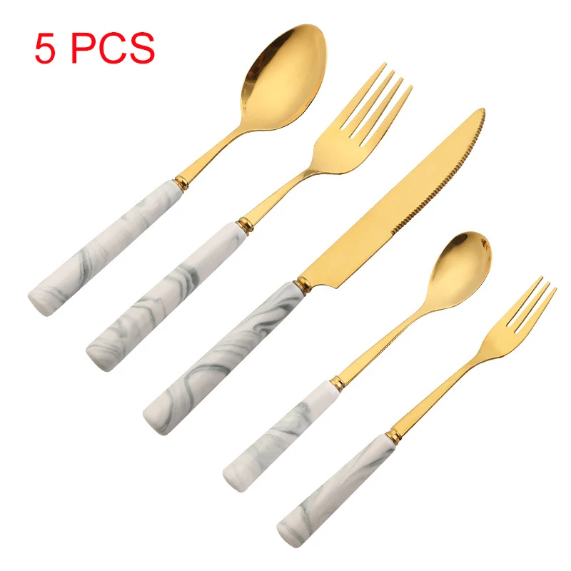 Gray 5 PCS 5 шт., Мраморная керамическая ручка, портативный набор посуды из нержавеющей стали 304, Золотой набор столовых приборов, набор столовых приборов, нож для стейка, вилка, ложка, набор - Цвет: Gray 5 PCS