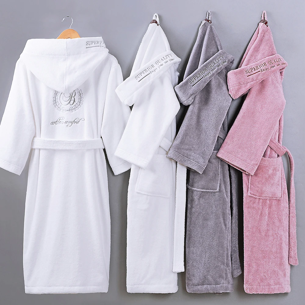 Winter Women Bathrobe Hooded Men Autumn Thick Warm Towel Fleece Sleepwear Long Robe Hotel Spa soft Long Nightgown Kimono robe