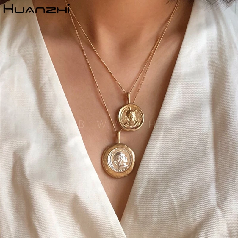 HUANZHI 2019 Новая мода Ретро портрет Золотая резная монета Многослойная