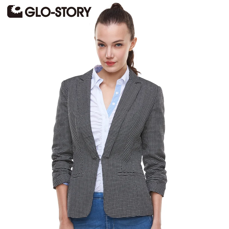 

GLO-STORY 2018 New Spring Slim Women Coat Plaid Women Jacket Long Sleeve One Button Suit Ladies Work Wear Blazers WXZ-1053