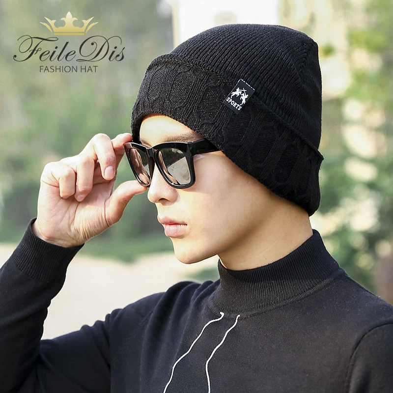 [FEILEDIS] Мужская зимняя шапка 2017 Модная вязаная черная Осенняя плотная и теплая