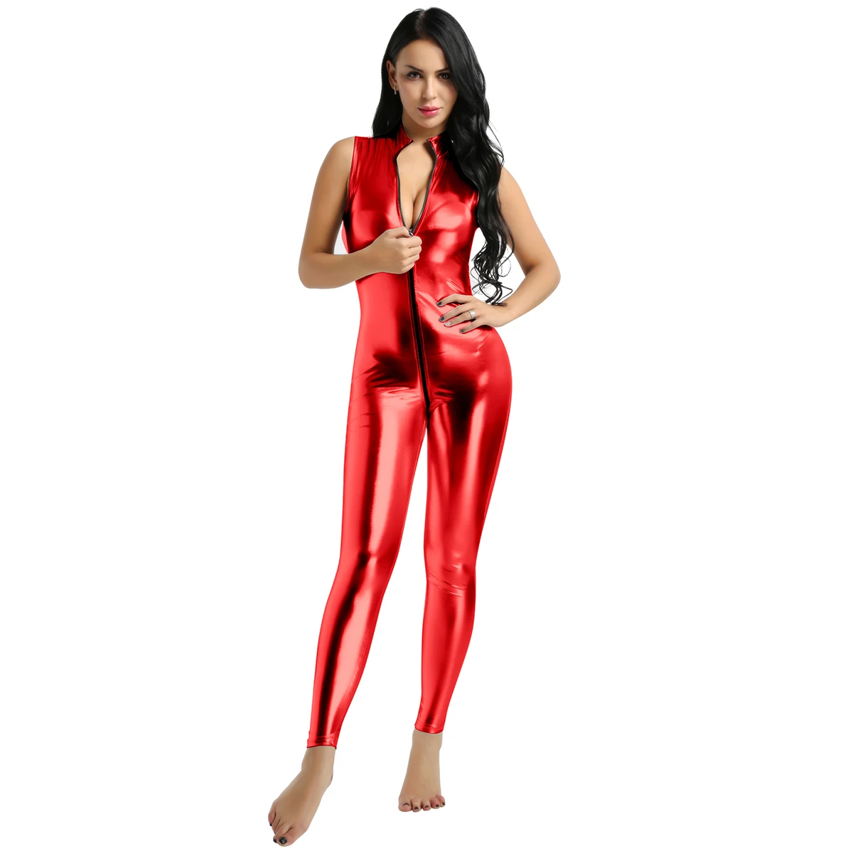 Red Женская одежда, Femme Wetlook, костюм для вечеринки, комбинезон, коктейльное, искусственная кожа, двойная молния, купальник, Одежда для танцев, боди, сексуальная клубная одежда - Цвет: Red