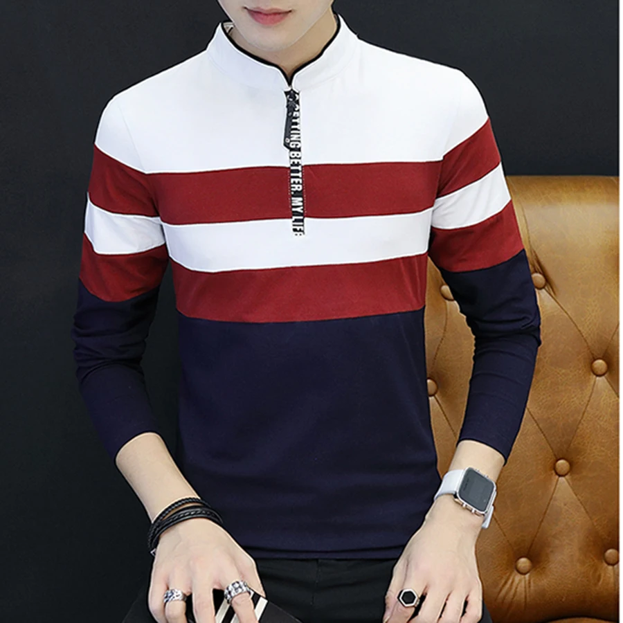 Мужские рубашки поло с длинным рукавом и цветными блоками облегающие полосатые