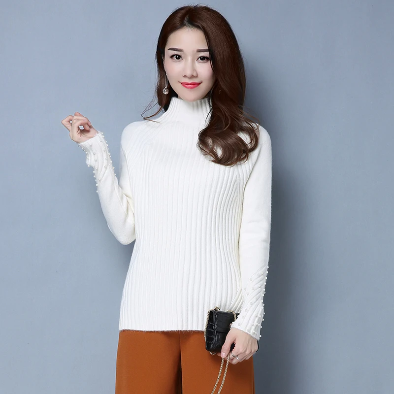 Women Autumn &amp Winter high collar sweater Ladies thick warm plain turtleneck pullovers long sleeve with beading | Женская одежда