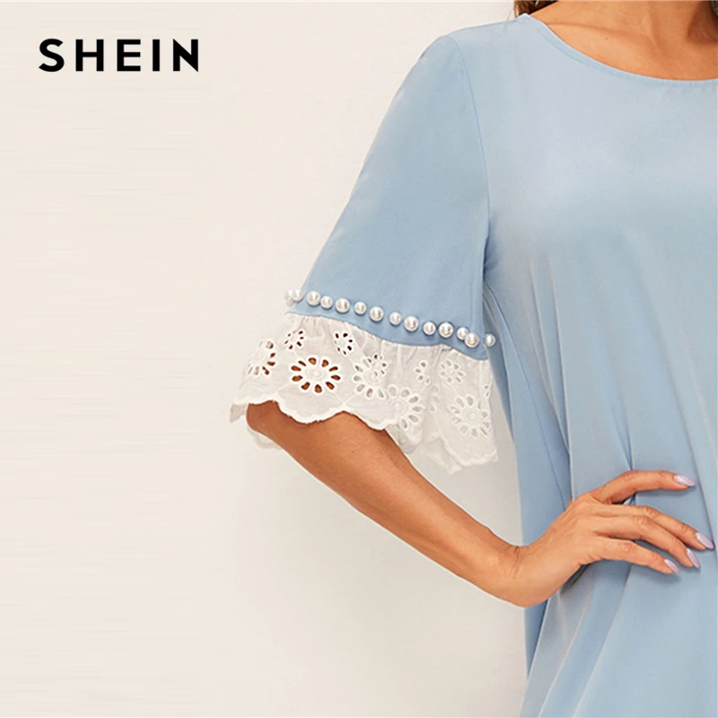 SHEIN модное платье с бусинами и вышитыми манжетами,, голубое весенне-летнее платье с коротким рукавом, туника с заниженной талией, женские платья
