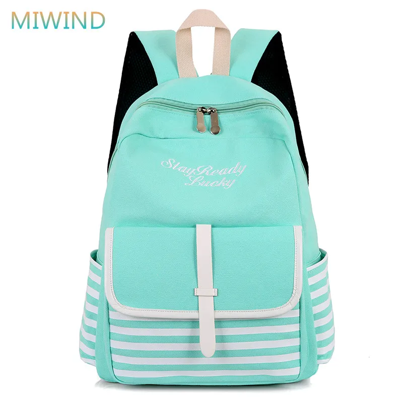 Miwind 2018 Мода Полосатый ноутбука Рюкзаки Холст Школьные сумки для девочек
