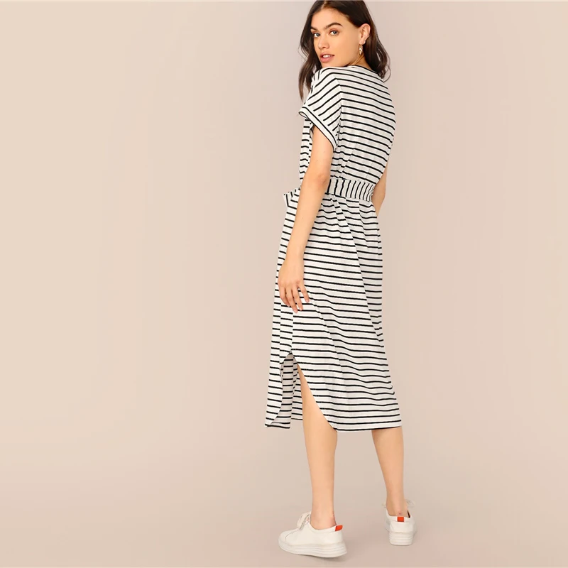 SHEIN Черное и белое Полосатое платье-футболка с разрезом и завязками на талии, женское летнее платье с рукавом летучая мышь, женские повседневные платья