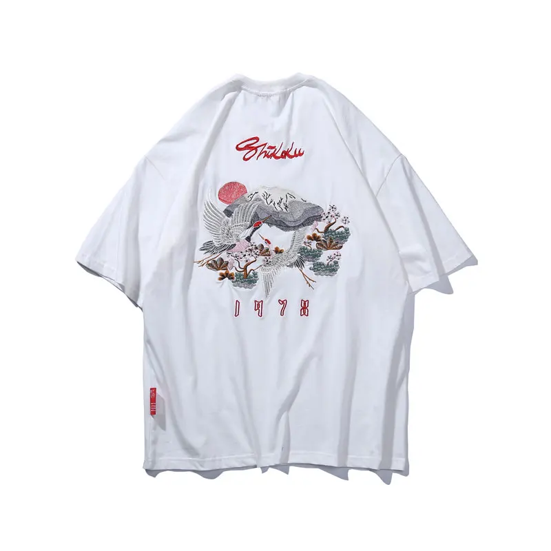 White Футболки GONTHWID с вышивкой японского Ukiyo-e Crane Flowers Mount Fuji, уличная одежда, Harajuku, повседневные футболки в стиле хип-хоп, мужские топы - Цвет: White